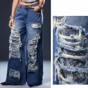 New Cool Distressed Ripped Sequin Wide Leg Jeans size L 30-31